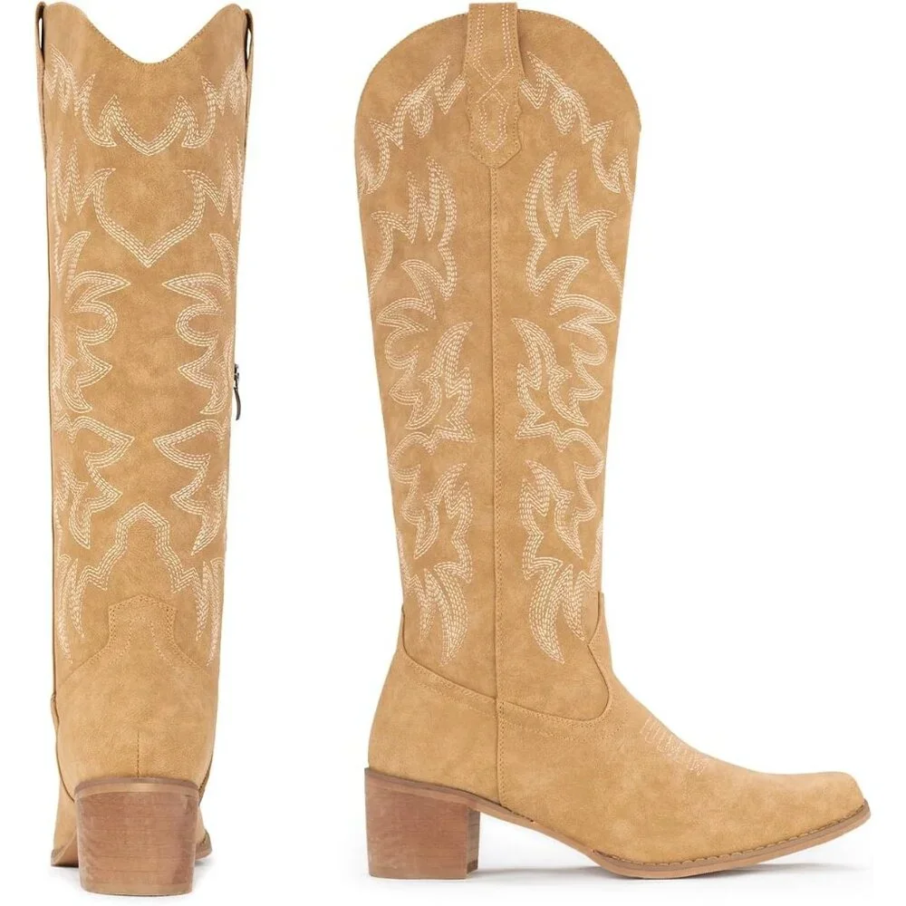 ✨Women Brown Cowboy Boots Knee High Boots Pointy Toe Boots Chunky Heel Boots